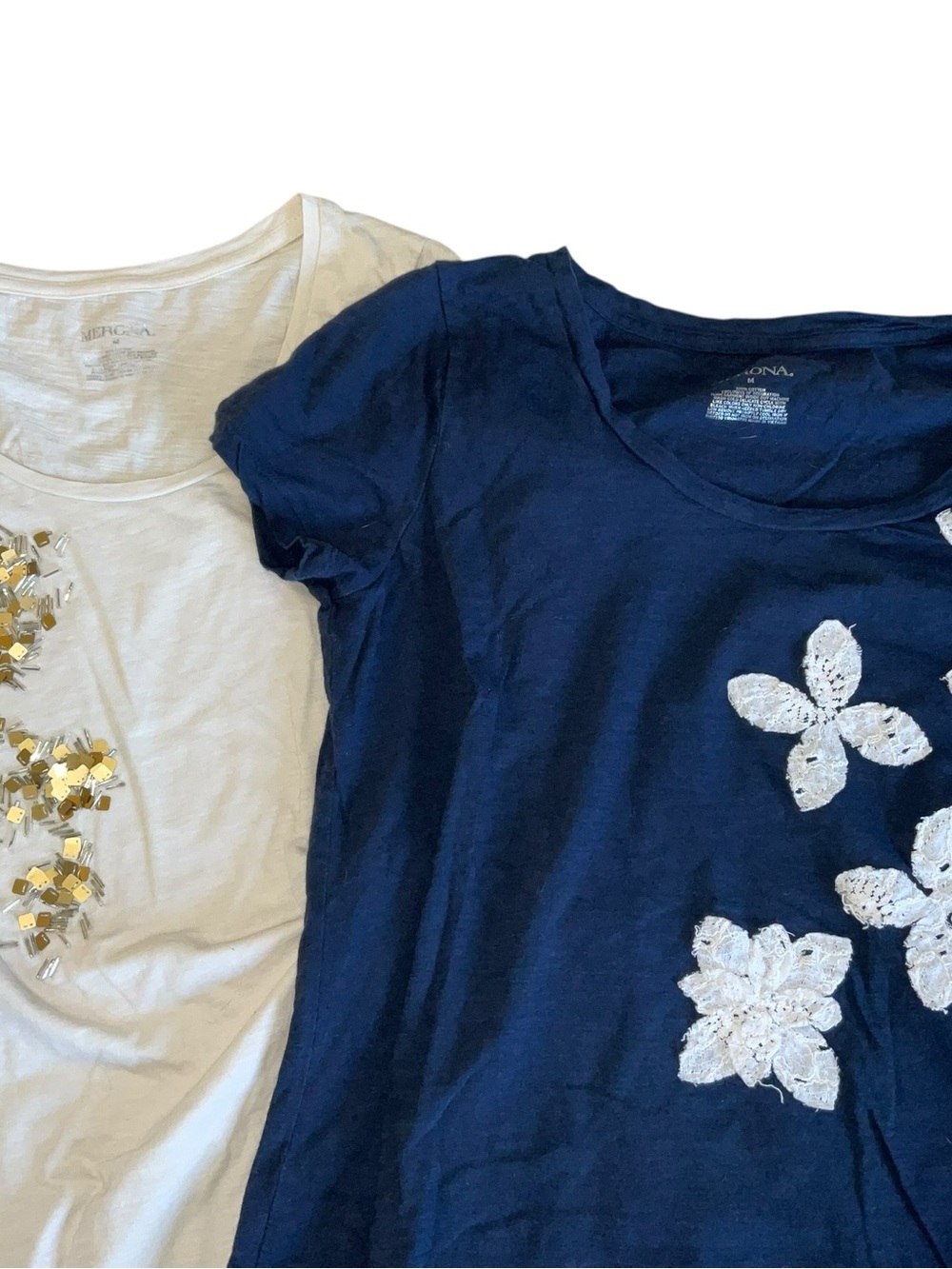 Merona Navy and White Short-Sleeve Tee with White Floral Appliqués